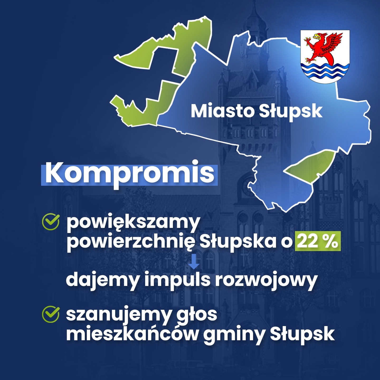 Powierzchnia Słupska będzie większa aż o 22 %. To największe powiększenie w historii miasta. Rada Ministrów podjęła decyzję o powiększeniu Słupska o 9,56 km2, co do zasady, o niezamieszkałe, ale ważne gospodarczo i inwestycyjnie części sołectw Bierkowo, Strzelino, Płaszewko. Jednocześnie uwzględniono głos społeczny mieszkańców gminy Słupsk i do miasta nie zostaną włączone sołectwo Siemianice i miejscowość Bierkowo. Mieszkańcy pozostaną w gminie Słupsk.