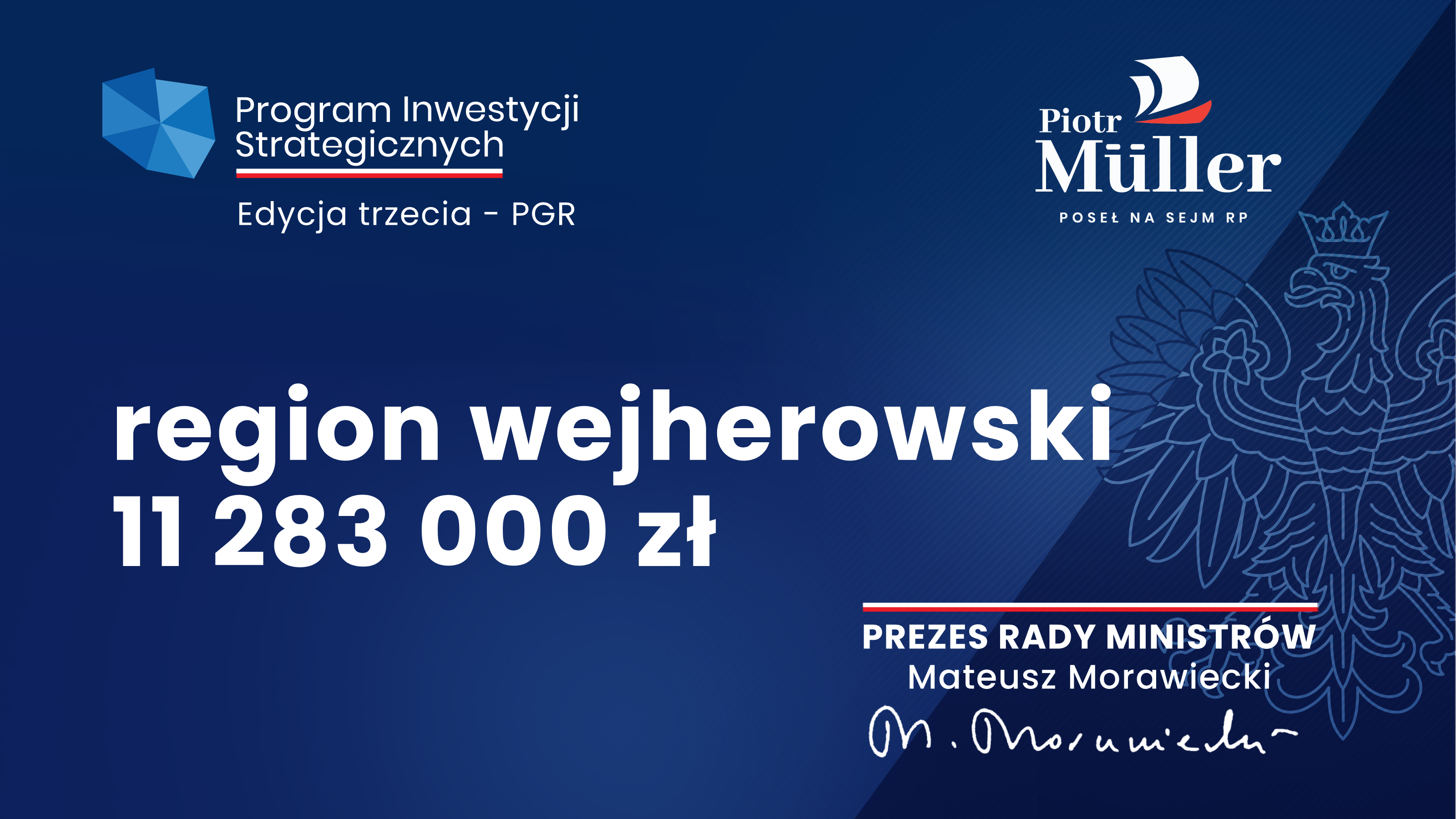 W ramach 3. edycji Rządowego Programu Inwestycji Strategicznych region wejherowski otrzymał 11 283 000 zł w ramach wsparcia dla regionów, w których funkcjonowały tzw. PGR-y. To kolejne rządowe wsparcie na rozwój naszego regionu